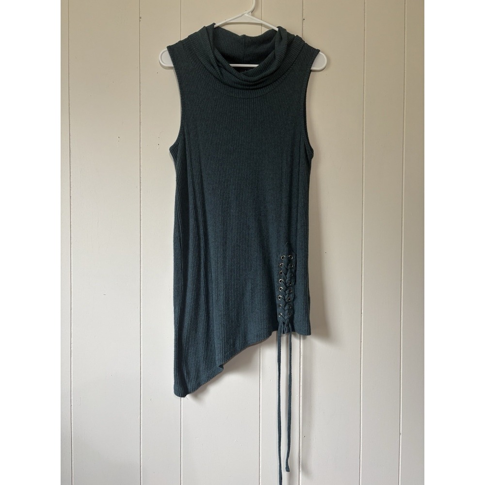 Signature Studio Women's L Teal Ribbed Cowl Neck Lace Up Asymmetrical Tunic Top